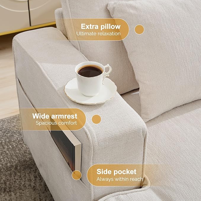 3 Seater Sofa Couch 89 Couches for Living Room with Deep Seats Mid Century Modern Chenille Sofa with Armrests Comfy Sofas for Living Room Bedroom Apartment Office Beige