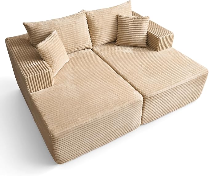 75 Boneless Chaise Lounge Chair Indoor Moudular Sectional Double Couch with Deep Seat No Assembly Required Modern Comfy Sleep Sofa Bed for Movie Reading Yoga for Living Room Beige