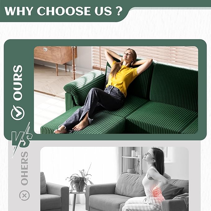 Vongrasig Convertible Sectional Couch 3 Seat L Shaped Sofa with Removable Pillows Linen Fabric Small Modern Couch Mid Century for Living Room Apartment and Office Green