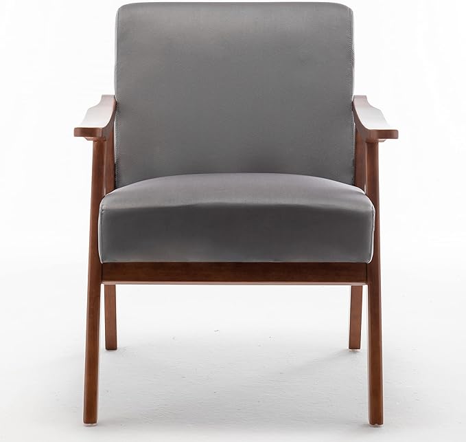 Accent Chair with Velvet Upholstery and Solid Wood e Classic Mid Century Living Room Furniture for Extra Seating Grey