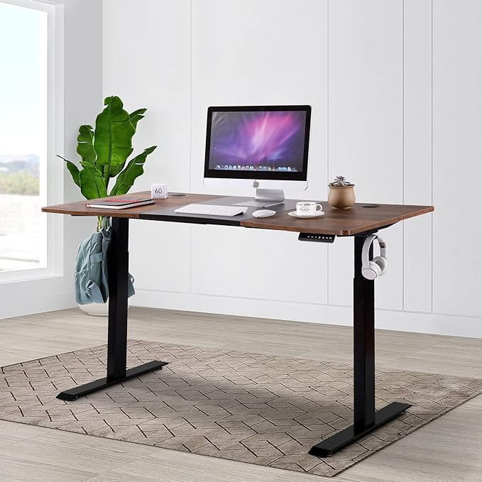 UNICOO - Dual Motor Electric Standing Desk 59x29.5 Inches Computer Desk Gaming Desk with USB Charging and Hooks (Black Frame/Black + Rustic Brown Top) XOT-D59-BM