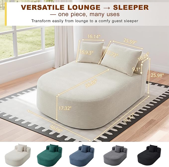 Chaise Lounge Chair Indoor 67.5 Oversized Boneless Couch Could Comfy Upholstered Sleeper Sofa Bed Corduroy Plush Modern Curved Floor Sofas Chair with 2 Pillows for Readng Living Room Bedroom Apartment