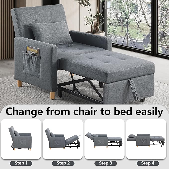 Sleeper Chair Bed Convertible Chair Bed Sleeper Pull Out Sofa Beds with Adjustable Backrest Modern Linen Fabric Convertible Chair to Bed for BedroomLiving Room Apartment-Dark Grey