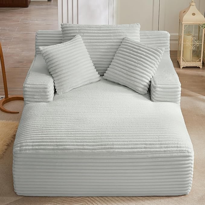 67 Oversized Chaise Lounge Chair Indoor Corduroy Boneless Chaise Lounge Sofa Chair with Pillows &amp Wide Armrest Deep Seat Fluffy Reading Chairs Cloud Couches for Living Room Light Grey