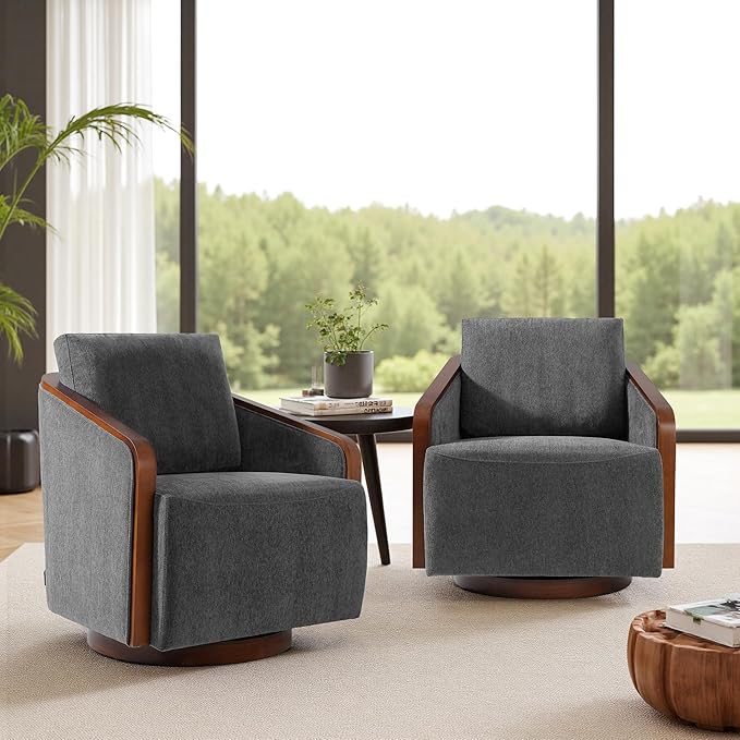 Swivel Barrel Accent Chair Mid Century Modern Arm Chair for Living Room Bedroom Comfy Club Reading Lounge Sofa Corner Chairs for Adults(Chenille Dark Grey Set of 2)