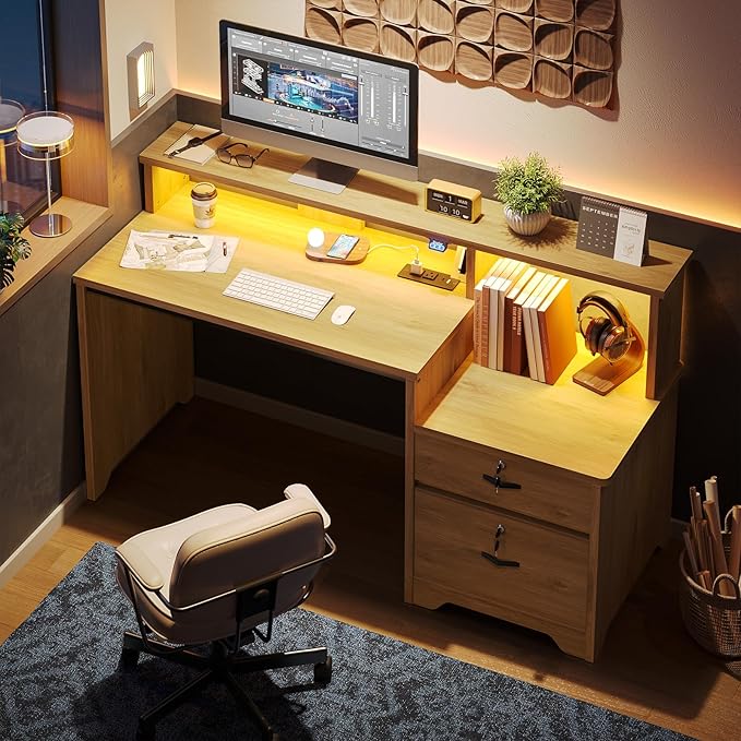 Bestier 55 Computer Desk with Power Outlets &amp LED Lights Home Office Desk with Lockable File Drawer &amp Printer Shelf Monitor Stand Modern Workstation for Gaming Study Natural Oak