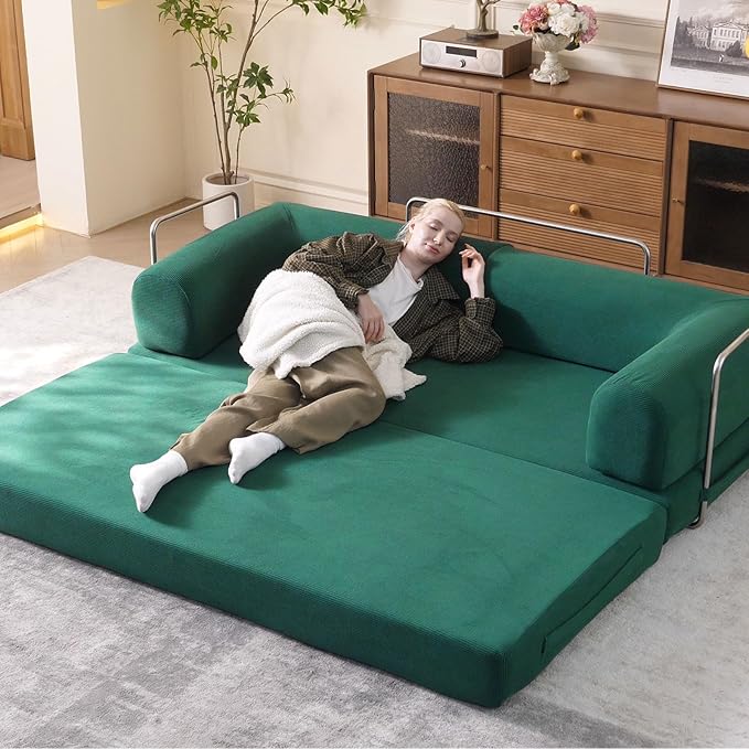79'' Convertible Sleeper Sofa Bed 3-in-1 Foldable Floor Couch with Corduroy Upholstery No Assembly Loveseat Light Brown Lounge Mattress for Living Room Studio Guest Room (Light Green)