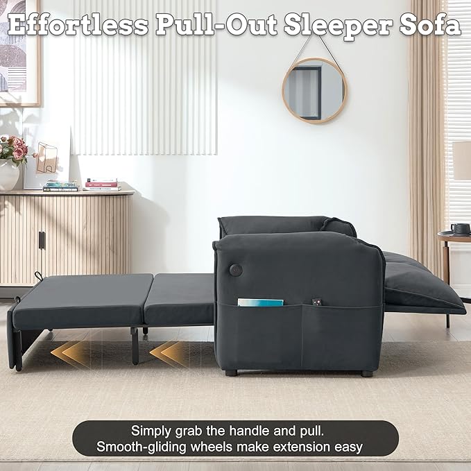63 Velvet Pull Out Sofa Bed 3-in-1 Convertible Futon Loveseat Queen Sleeper Sofa Couch Bed with Adjustable Backrest USB Ports &amp Side Pockets Modern Sofas for Living Room Apartment Dark Grey