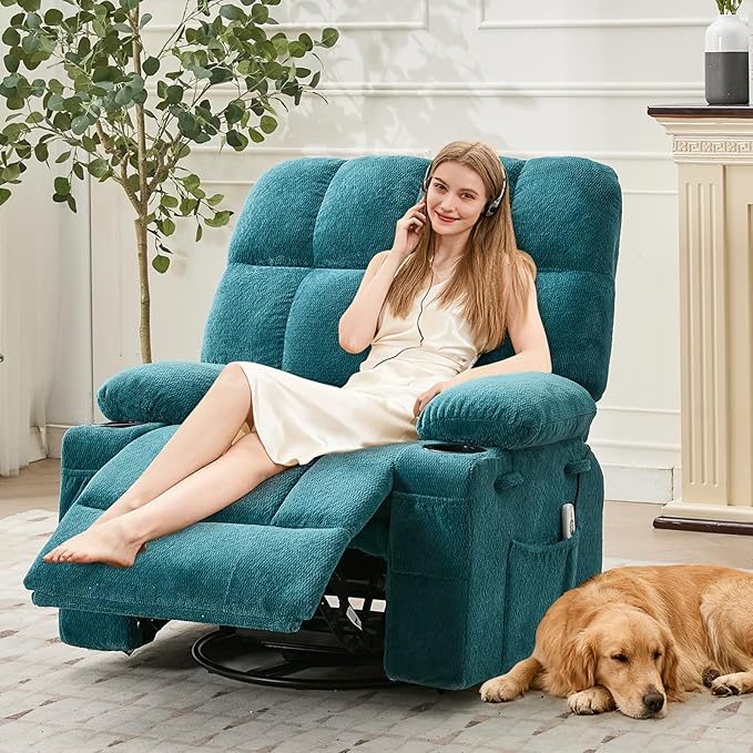 Oversized Recliner Chair for Adults Massage Recliner with Lumbar Heating Manual Swivel Rocker Sofa Side Pockets &amp Cup Holders for Big and Tall Persons Living Room