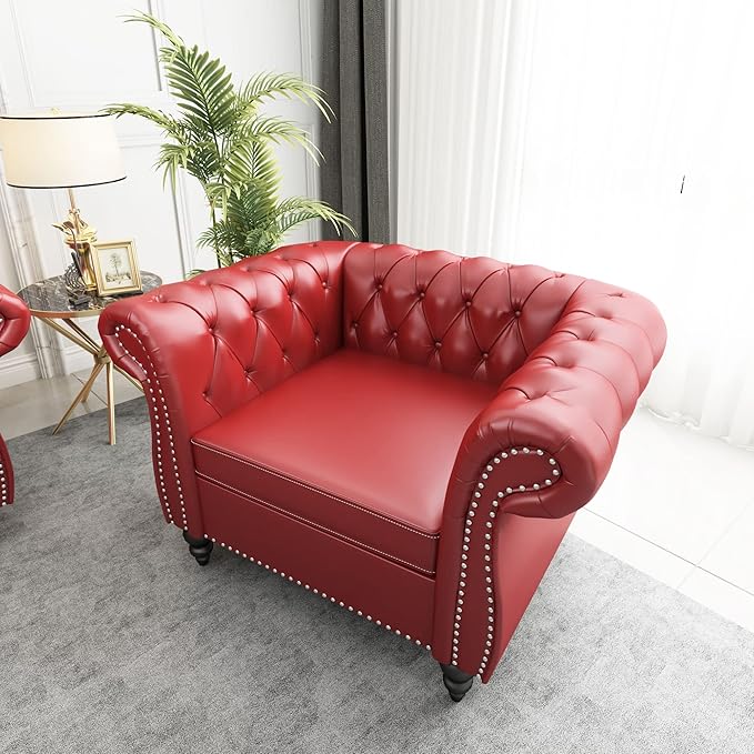Chesterfield Chair Modern Leather Tufted Accent Sofa Couch Chair with Rolled Arms and Nailhead for Living Room Bedroom Office Apartment (Burgundy)
