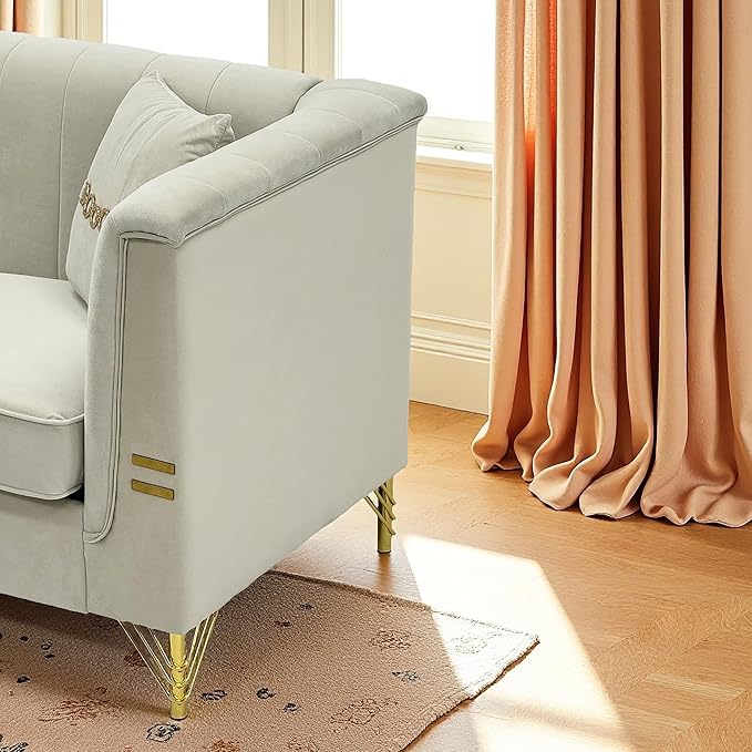83.46 Upholstered Chesterfield Couch Modern 3 Seater Sofa with Tufted Back and Square Arms Wood Leg Nailhead Sofa for Living Room/Office/Apartment/Small Space Beige Velvet
