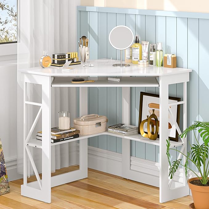 VECELO Corner Computer Desk 41x30 inch with Charging Station &amp Keyboard &amp Storage Shelves for Small SpaceTriangle Table for Home Office BedroomWhite