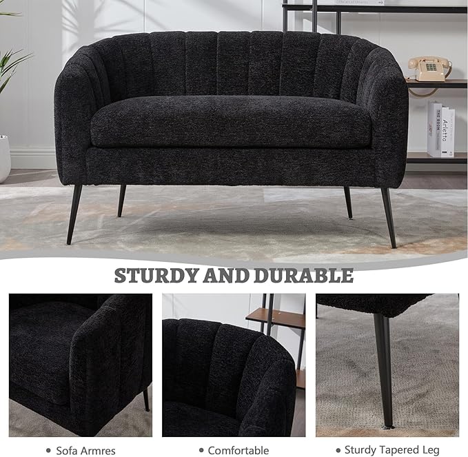 50.2 Small Loveseat Sofa 2-Seater Modern Chenille Couch with Gold Metal Legs &amp Floral Backrest Compact Apartment Sofa for Living Room Bedroom Office Dorm (Chenille Black(50.2''))