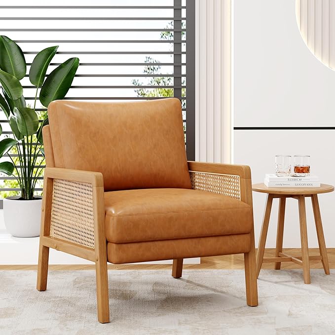 WENTMENT Faux Leather Accent Chair Armchair with Natural Rattan Armrest and Removable Backrest Upholstered Living Room Chair Comfy Single Sofa Chair for Reception Room/Hosting Room/Bedroom(Brown)