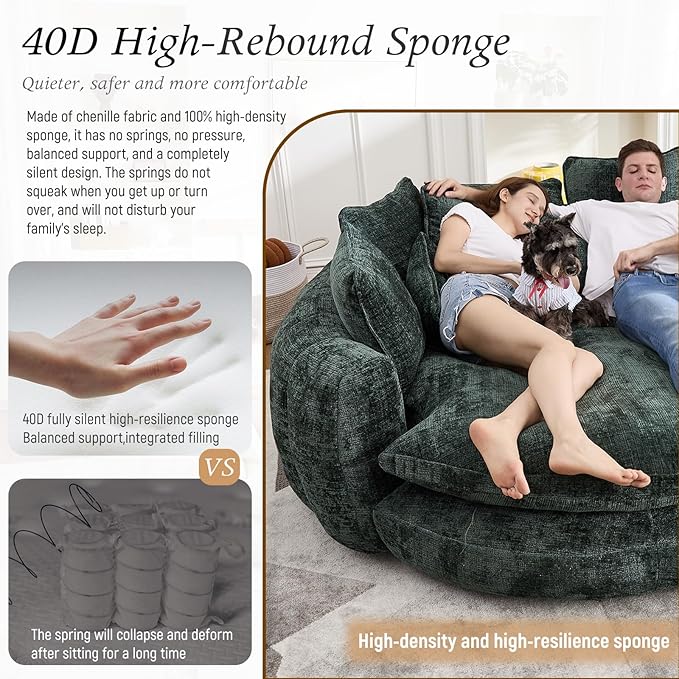 Oversized Sleeper Sofa Bed 81'' Round Chaise Lounge Chair Indoor Modern Chenille Boneless Couch Loveseat Plush Couch Cloud Couches Comfy Bean Bag Chair for Living Room Apartment (Emerald)