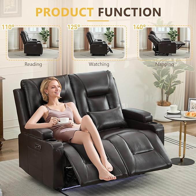 URRED Power Loveseat Recliner Sofa Wall Hugger Reclining Loveseat RV Couch with LED Light USB Ports Cup Holders and Side Pockets for Home Theater Faux Leather - Dark Brown