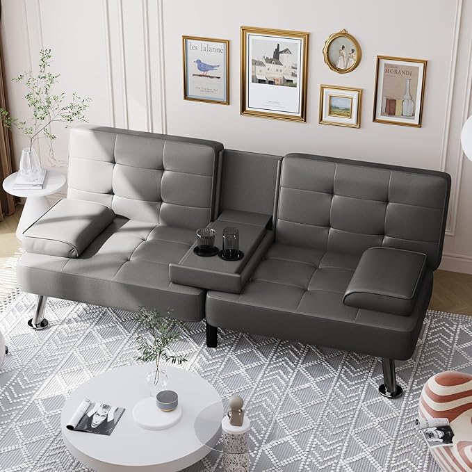 Shahoo Convertible Folding Futon Sofa Bed Sleeper Couch for Living Room Faux Leather Upholstered Loveseat w/Removable Armrests Metal Legs 2 Cup Holders Gray