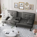 Shahoo Convertible Folding Futon Sofa Bed Sleeper Couch for Living Room Faux Leather Upholstered Loveseat w/Removable Armrests Metal Legs 2 Cup Holders Gray
