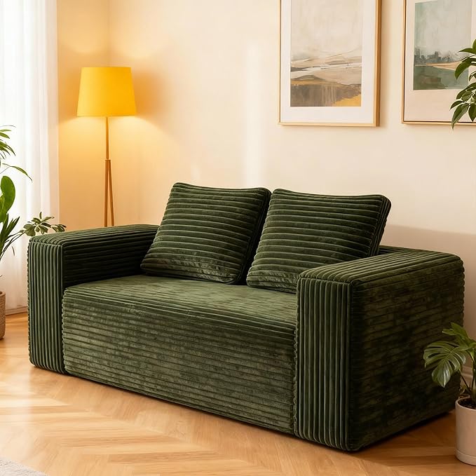 63 2 Seater Boneless Sofa Cloud Loveseat Sofa in A Box for Living Room Corduroy Couch Memory Foam Couch No Assembly Needed Floor Sofa Lounge for Living Room Bedroom Green