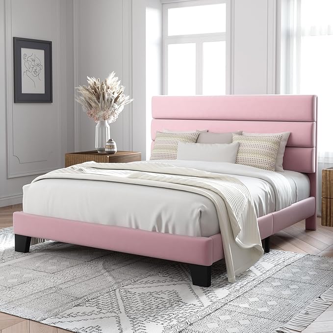 Allewie Full Size Platform Bed Frame with Velvet Upholstered Headboard and Wooden Slats Support Fully Upholstered Mattress Foundation/No Box Spring Needed/Easy Assembly Pink