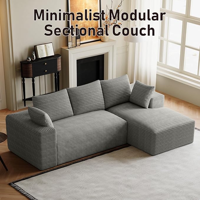 107 Sectional Couches for Living Room Comfy L Shaped Boneless Couches Modern Deep Seat Modular Sofa Cloud Corduroy Couch with Right Facing Chaise No Assembly Needed Light Grey
