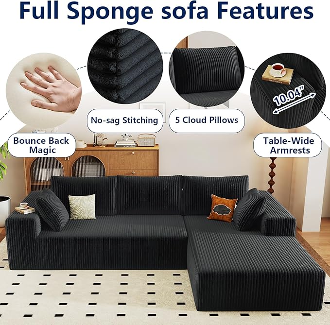 96 Modular Sectional Sofa Modern Corduroy Cloud Couch with Deep Seat Boneless Couch Upholstered 3-Seater L-Shaped Sofa for Living Room No Assembly Required (Black Right-Facing Chaise)