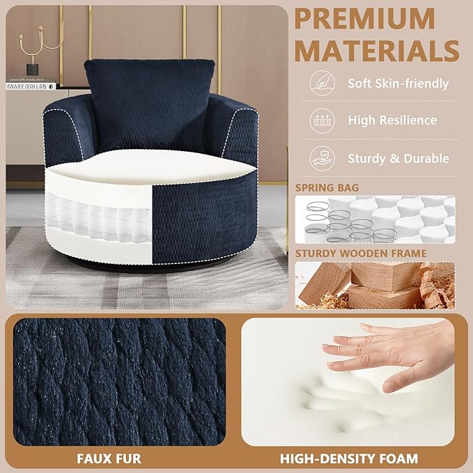 mikibama 39.4 W Swivel Round Chair Oversized Upholstered Sofa 360 Degree Swivel Barrel Chair Corduroy Comfy Deep Seat Sofa Chair for Living Room Bedroom Apartment