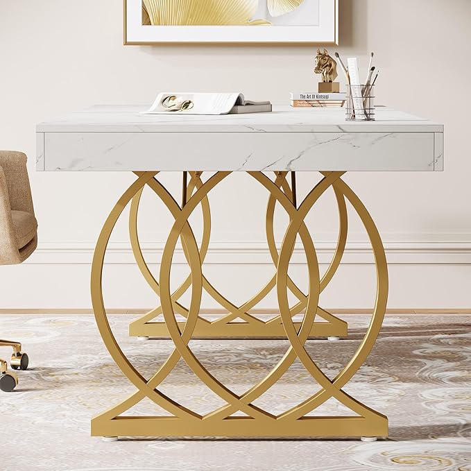 Tribesigns 63-Inch Executive Desk Modern Office Computer Desk with Stylish Gold Legs Rectangular Workstation for Home Office Small Conference Table for Meeting Room (White &amp Gold)
