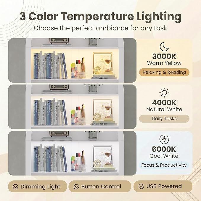 Arched Desk for Home Office Computer Desk with 2 Drawers &amp Hutch Wood Writing Desk with Power Outlets 3 Color LED Lights Side Open Shelves Modern Fluted Design 35.4 W x 70.8 H (White)