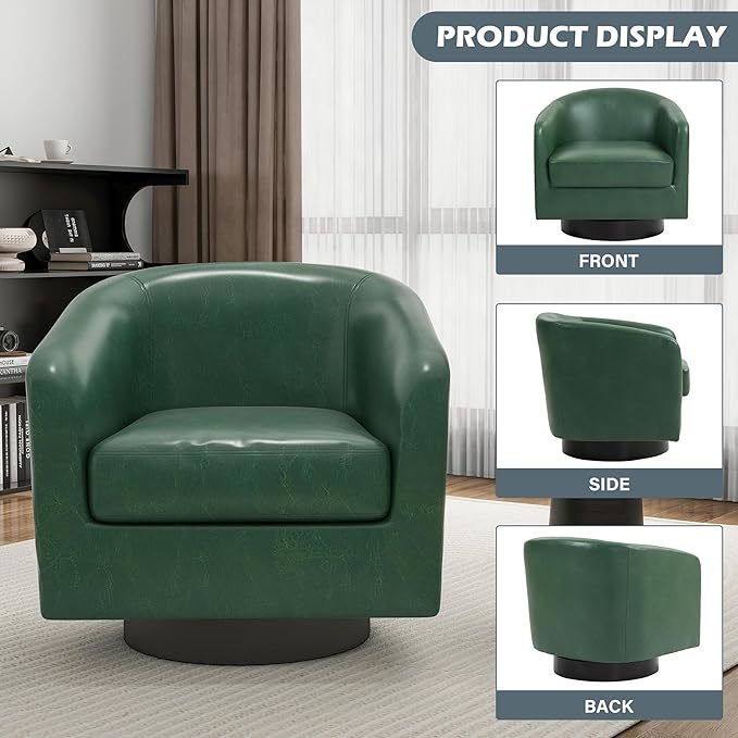 UIXE 360° Swivel Barrel Accent Chair Armchair PU Leather Round Club Arm Chair for Lving Room Modern Upholstered Small Bedroom Single Sofa Seat - Green Set of 4