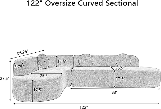 122 Oversize Curved Sectional Sofa with High-Density Cushions for Living Room Modular Corner Floor Sectional Couch with Chaise L-shape Upholstered Sofa for Apartment Office Studio No Assembly