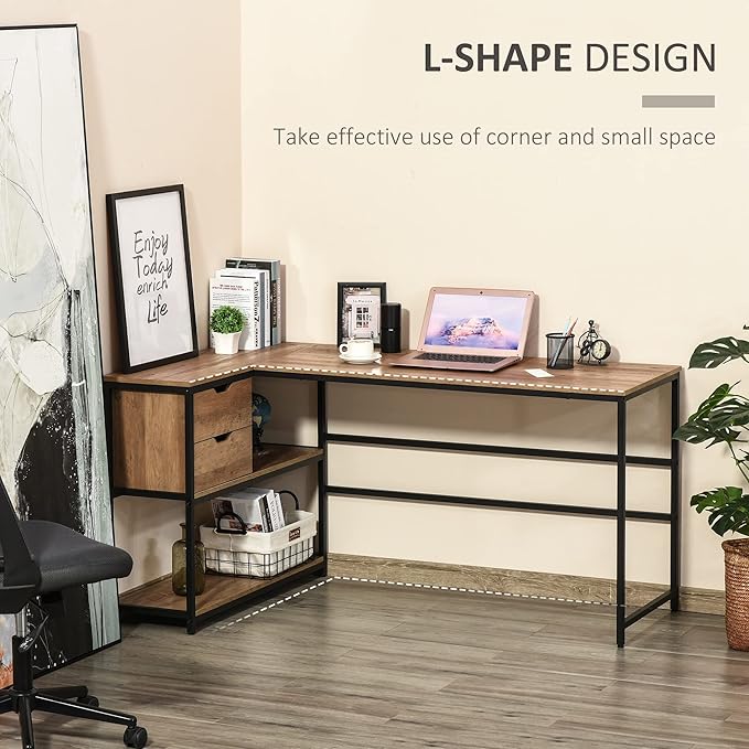 Home Office Desk L-Shaped Home Offie Computer Desk with Storage Shelves 2 Dawers and Industrial Steel Frame Black/Brown