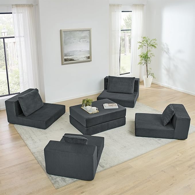 Boneless Couches for Living Room Modern Corduroy Couch Convertible Sleeper Sofa Folding Sofa Bed Mattress Couch for Bedroom Small Spaces - No Assembly Needed in Grey