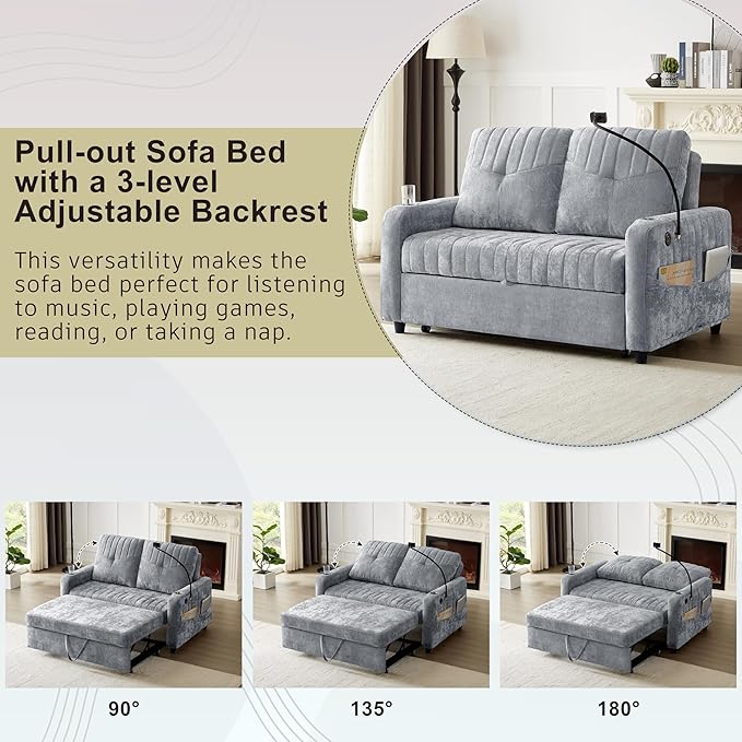 Modern Loveseat Pull-Out Sofa Bed Chenille Sleeper Sofa Couch with Adjustable Backrest 2 Cup Holders Phone Holder 3 Charging Ports and Side Storage Pockets for Living Room (Grey)