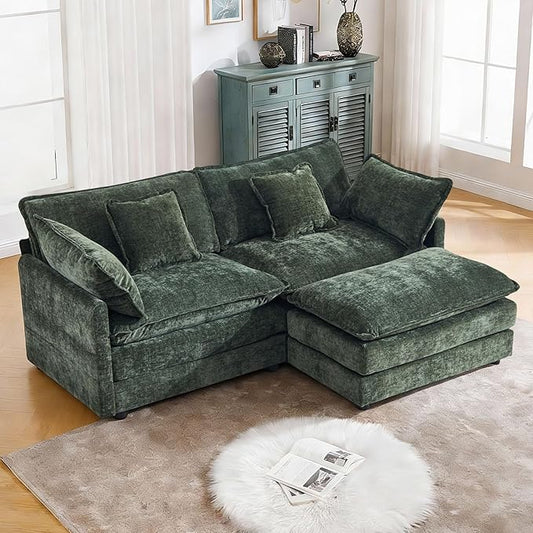 GNIXUU 76.7 Green L Shaped Cloud Couch Modern Chenille Modular 2 Seater Loveseat Sofa with Movable Ottoman Deep Seat Sectional Couch with Pillows for Small Place Living Room Apartment Office