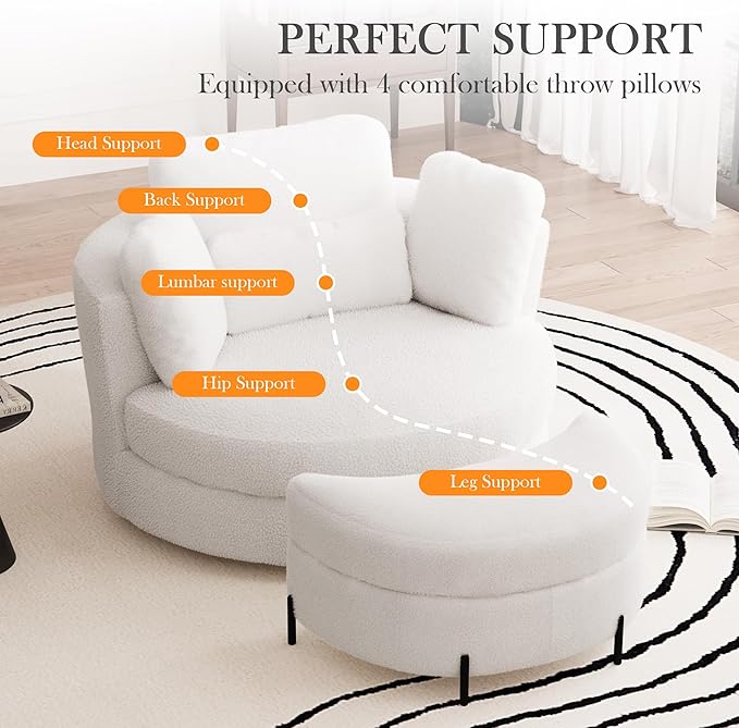 Aoiy &amp Wifon 50.2'' W Oversized Swivel Barrel Chair with Storage Ottoman Ivory Round Accent Chair with Half Moon Ottoman for Living Room Deep Seat &amp Extra Wide Sherpa
