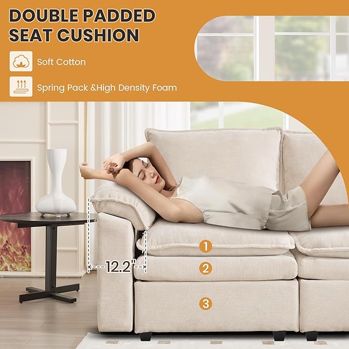 100 L Shaped Modular Sectional Sofa Couch with Ottoman Storage Chenille Cloud Couch with Plush Deep Seating for Living Room Bedroom (Beige 4 Seat)