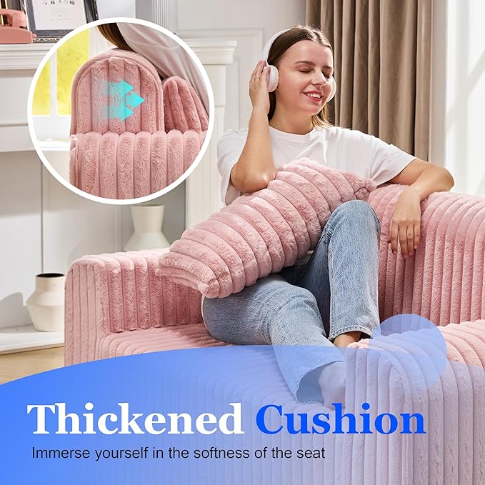 Hobestluk Couch Sofa 2-Seater Foam Sofa Loveseat for Small Spaces Comfy Sofas with Removable Cover Furry Couch with Pillows for Living Room Bedroom Apartment Office (Pink Loveseat)