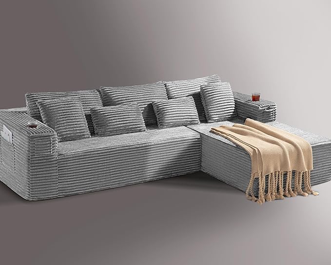 108 Cloud Modular Sectional Couch Modern Boneless Couches with Deep Seat L Shaped Sofa for Living Room No Assembly Required Corduroy (Light Grey 2 Seater+Right Facing Chaise)