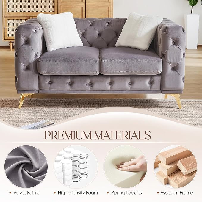 Mid Century Modern Loveseat Couch61W Luxury Upholstered Velvet Small Couch with Button Tufted &amp Gold Legs Deep Seat Comfy Chesterfield Sofa for Living Room Bedroom Office(2 Seater Grey)