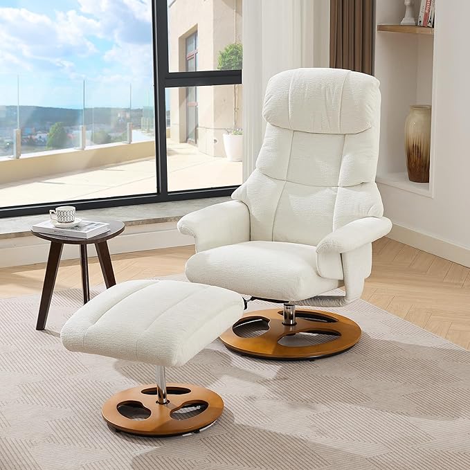 Elegant Chenille Massage Chair with 5 Point Vibration Massage360°Swivel Lounge Chair with OttomanDurable Structure Chaise Lounge with Adjustable Backrest for Living RoomOfficeStudyWhite