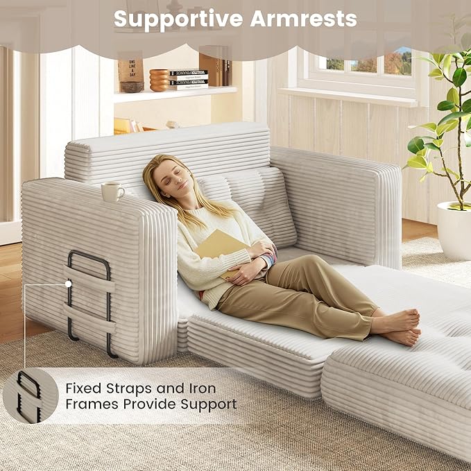 Convertible Sofa Bed 2 in 1 Boneless Couch Bed with 2 Pillows Corduroy Pull out Couch Folding Sofa Bed with Deep Seat Small Loveseat Sleeper Sofa Bed in a Box for Small Spaces No Assembly Needed