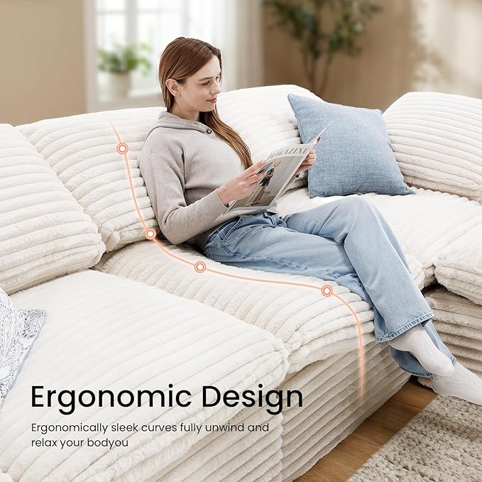 KKL 118 L Shaped Sectional Modular Boneless Sofa 4 Seater Cloud Couch with Ottoman Corduroy Sectional Couches for Living Room Bedroom Beige