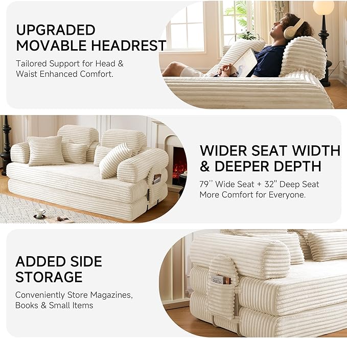 79 Sofa Bed Deep Seat 32 Sleeper Sofa 5-in-1 Convertible Sofa Bed Boneless Couch in a Box Corduroy Floor Futon with Thickened backrest and Headrest Pillows Side Pockets White