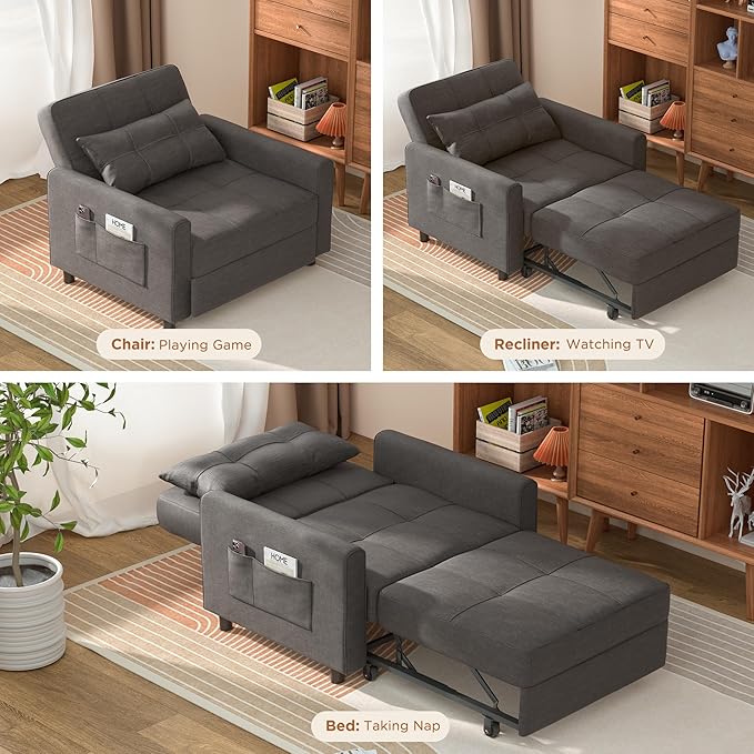Aiho 34-Inch Sleeper Chair Bed 3-in-1 Convertible Sofa Bed with Adjustable Backrest for Living Room or Apartment (Dark Gray)