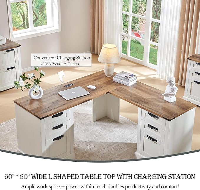 RedLemon 60 Farmhouse L Shaped Desk with Drawers Wood Home Office Corner Executive Desk with Charging Station File Drawer Storage Cabinet Rustic Computer Writing Desk (Antique White)