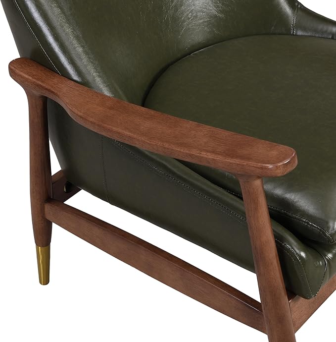 29.2 Mid-Century Modern Faux Leather Accent Chair with Padded Seat Solid Wood Frame &amp Brass Leg Caps - Perfect for Living Room Bedroom or Office Lounge (Green)