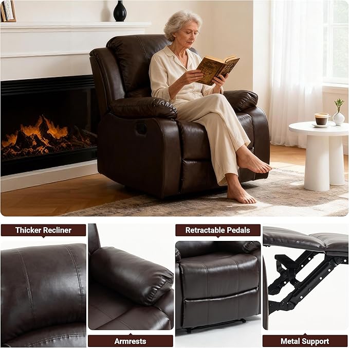 Manual Recliner Chair Adjustable Push Back Leather Reclining for Living Room Reddish Brown