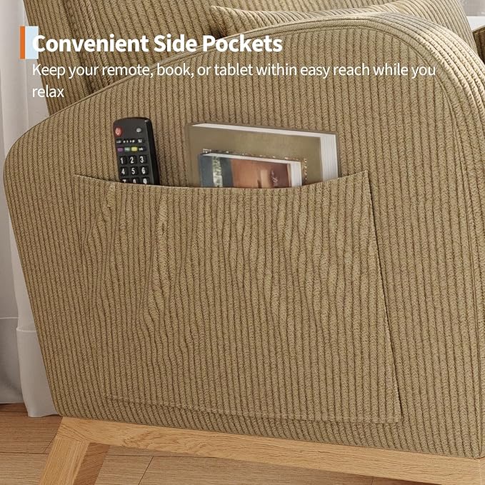 GarveeHome Corduroy Rocking Chair Modern Nursery Glider Chair with Side Pockets and Pillow Rocker Chair for Living Room Bedroom Nursing Room Brown