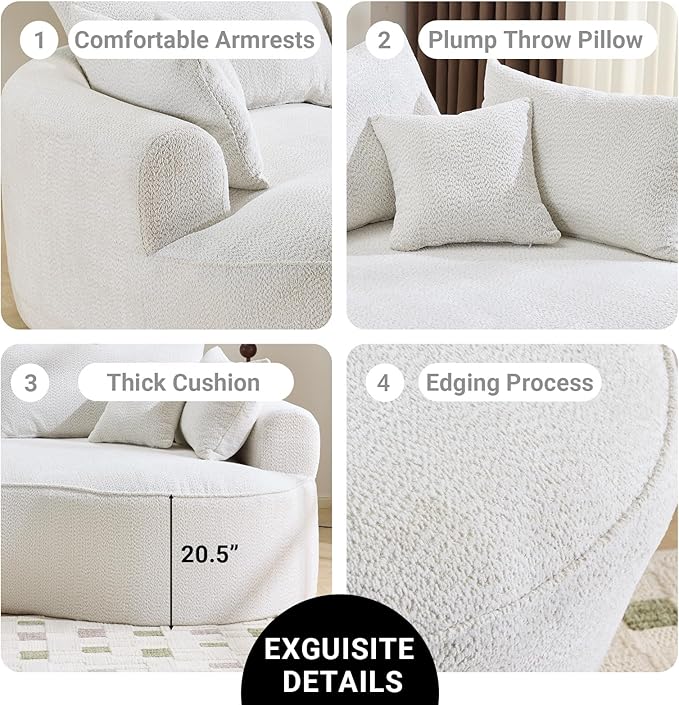126.4 Oversized L-Shaped Boneless Sofa Deep Seat Sectional Couch with Curved Seat Design and 7 Pillows No-Assembly Chenille Sofa for Living Room Heavy-Duty Support（White）
